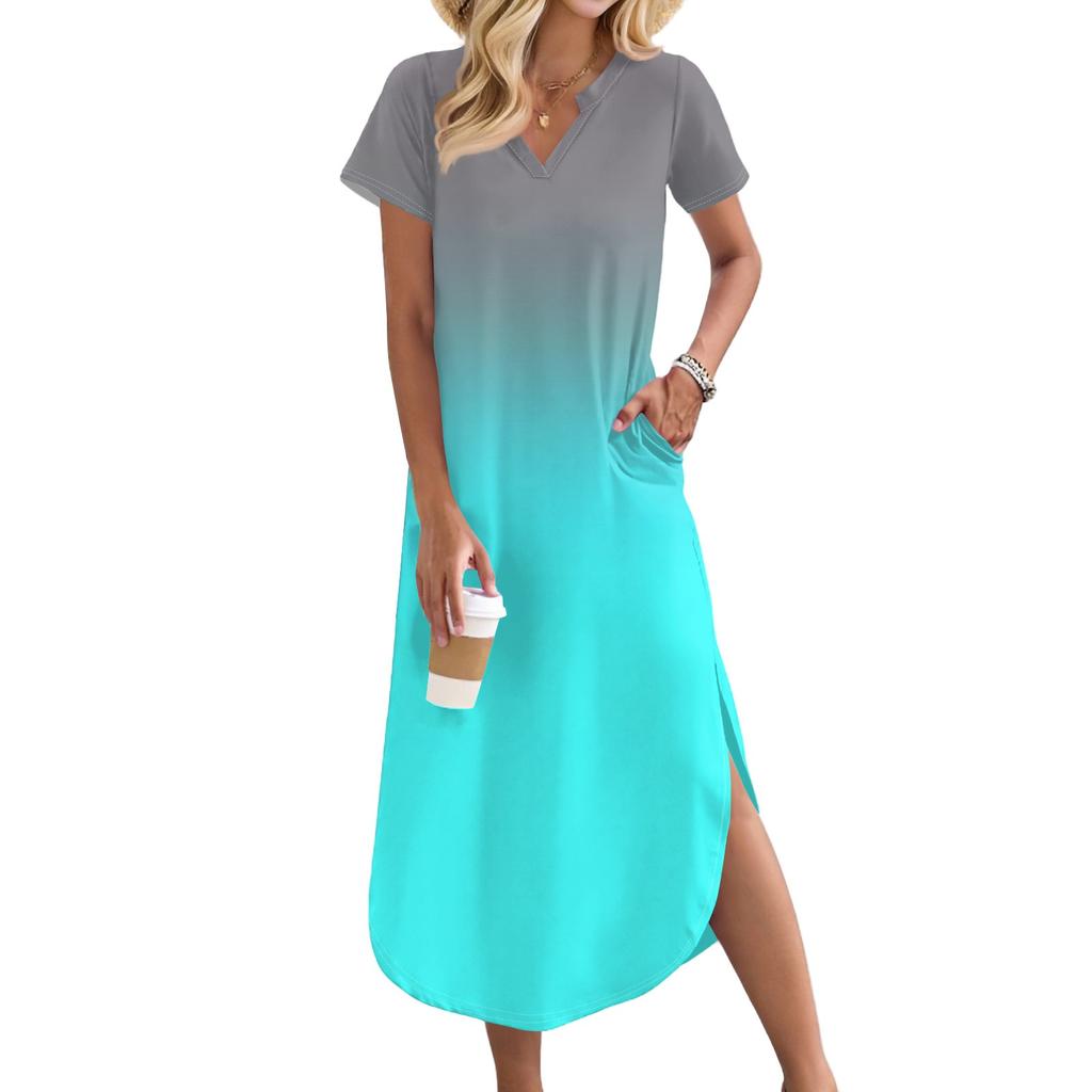 Женское длинное платье-рубашка с V-образным вырезом, повседневное, с коротким рукавом и свободным разрезом