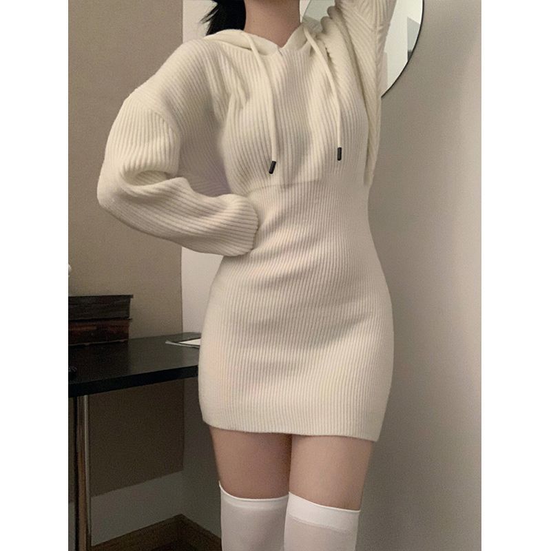 Women Winter Dress Knitted Sweater Solid Slim Elastic Hoodie Dress High Waist Vintage Pullovers Sniper Style Mini Dress Korean