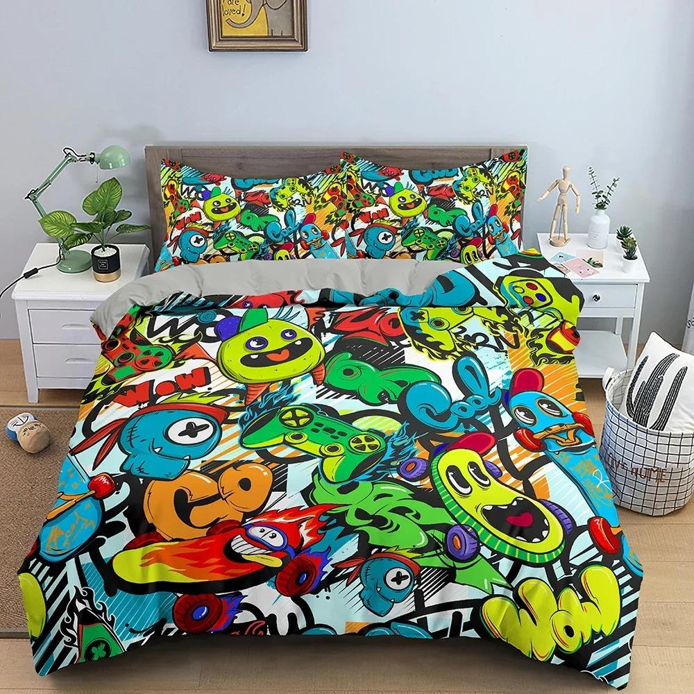 Comic Pattern Duvet Cover Queen King Cartoon Bedding Collection For Boys Girls Hippie Hip Hop Rock Style Polyester Comforter Cover