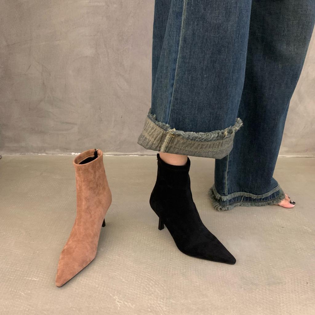 High-heeled Pointed-toed Temperament Suede Thin Short Boots Women's Shoes 2025 New Autumn and Winter Velvet Korean Small Ankle Boots