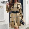 Женская мода, повседневный клетчатый принт, осень-зима, свободные свитера с длинным рукавом и круглым вырезом