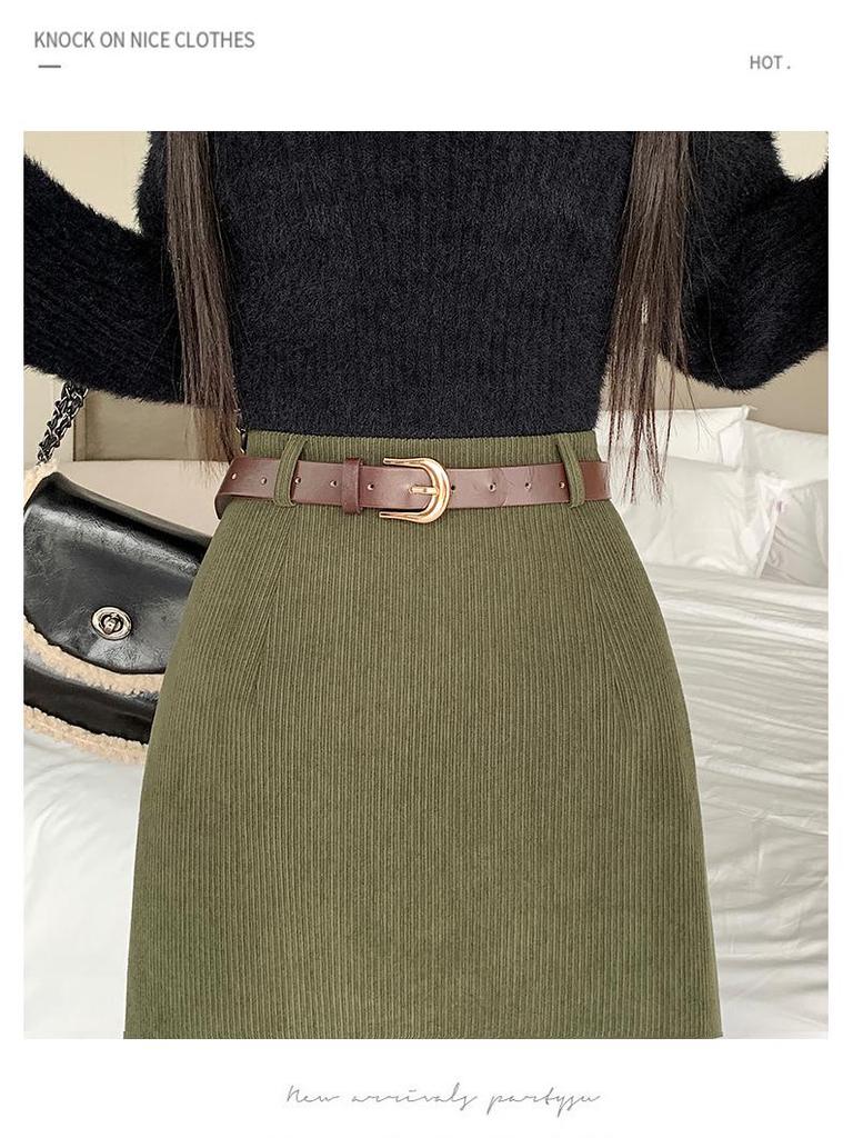 Женская вельветовая ретро осенне-зимняя приталенная прямая юбка с разрезом сзади