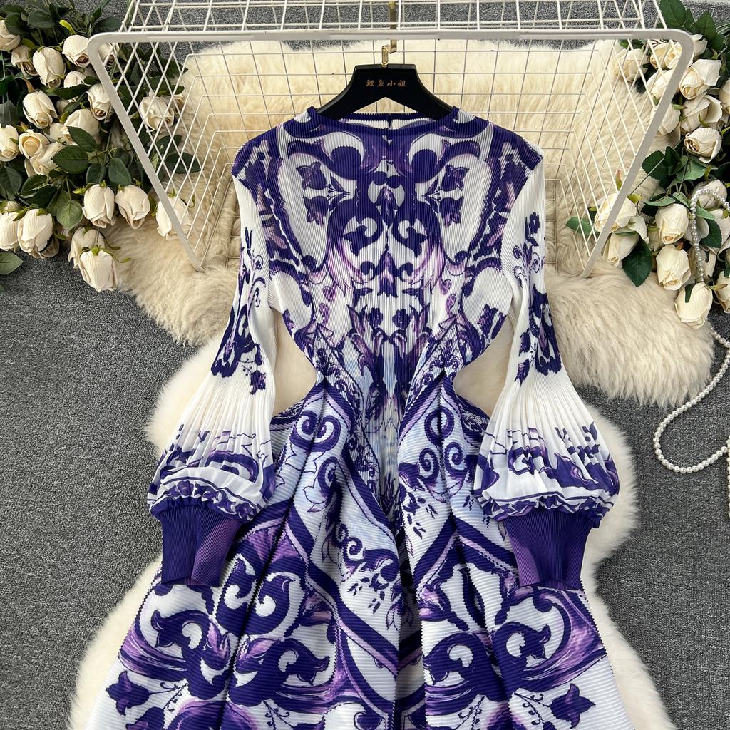 French Senior Temperament Luxury Dress Ladies 2024 Newest O-Neck Ruched Print Tie Dye Design Fashion Chic Long Dress