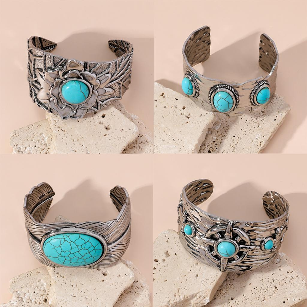 Antique Copper Tone Gypsy Metal Carving Cuff Bracelets& Bangles For Women Bohemian Turquoise Beaded Bangle Jewelry Gifts