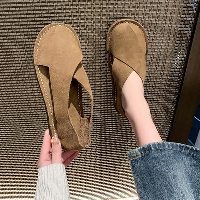 Кожаные женские сандалии в стиле ретро с противоскользящей подошвой TPR, мягкие сандалии на плоской подошве, ручная работа, большой размер 35-42, женская обувь, тренд 2024 года