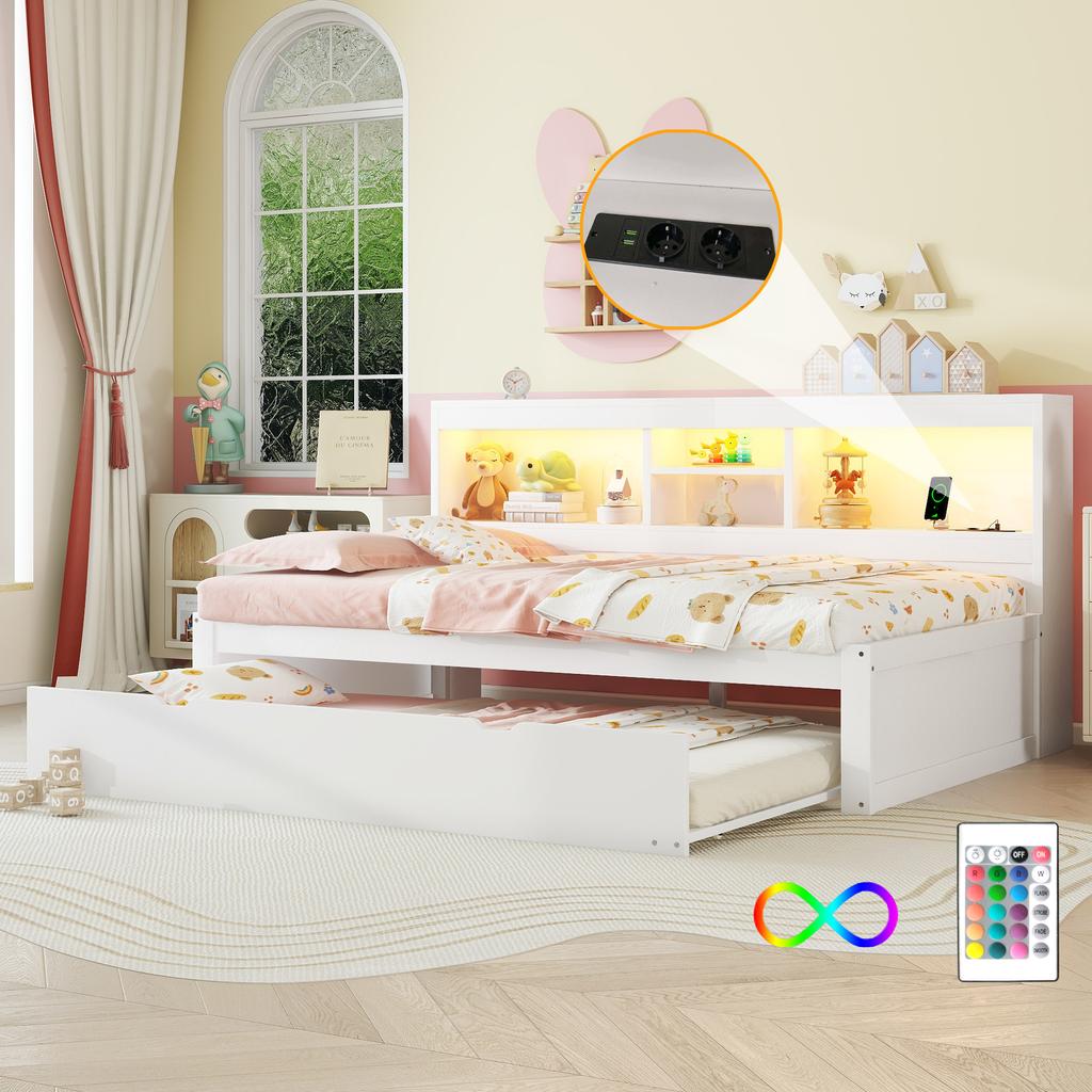 Sleeper Sofa, Daybed, Day Bed, 90*200cm, With LED Lights, Bedside Storage Compartment, Pull-Out Bed, Socket + USB, Without Mattress, White