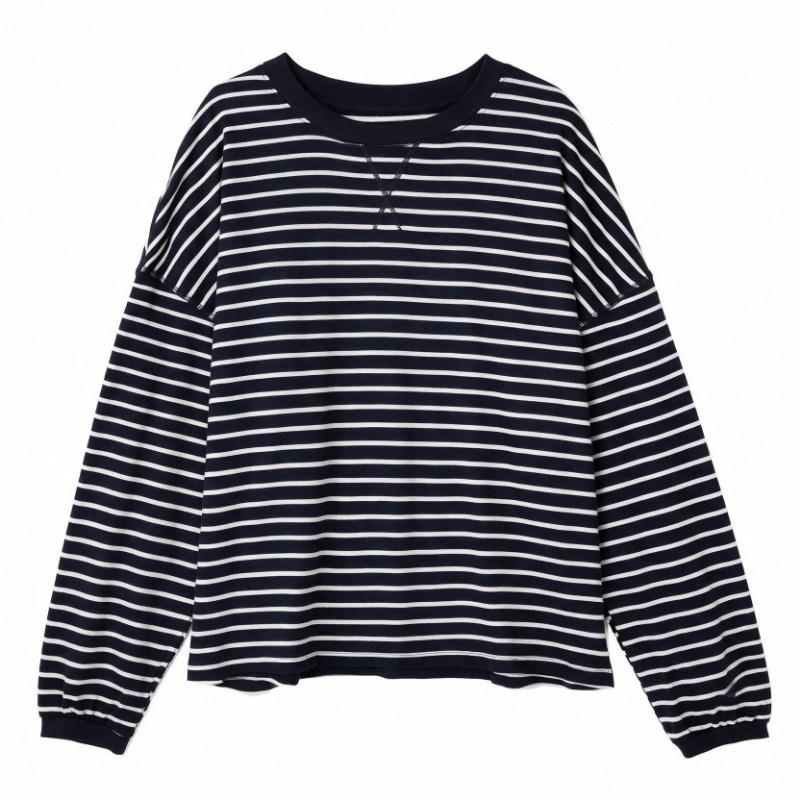 Women S Loose Fit Striped Long Sleeve Round Neck T Shirt Inner Wear