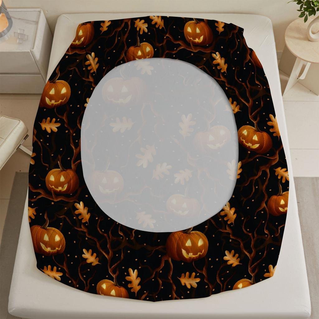 3pcs Fitted Sheet Set Evil Pumpkin Maple Leaf Print Polyester Breathable Bedding Set for Home Halloween Decor with 2 Pillowcases