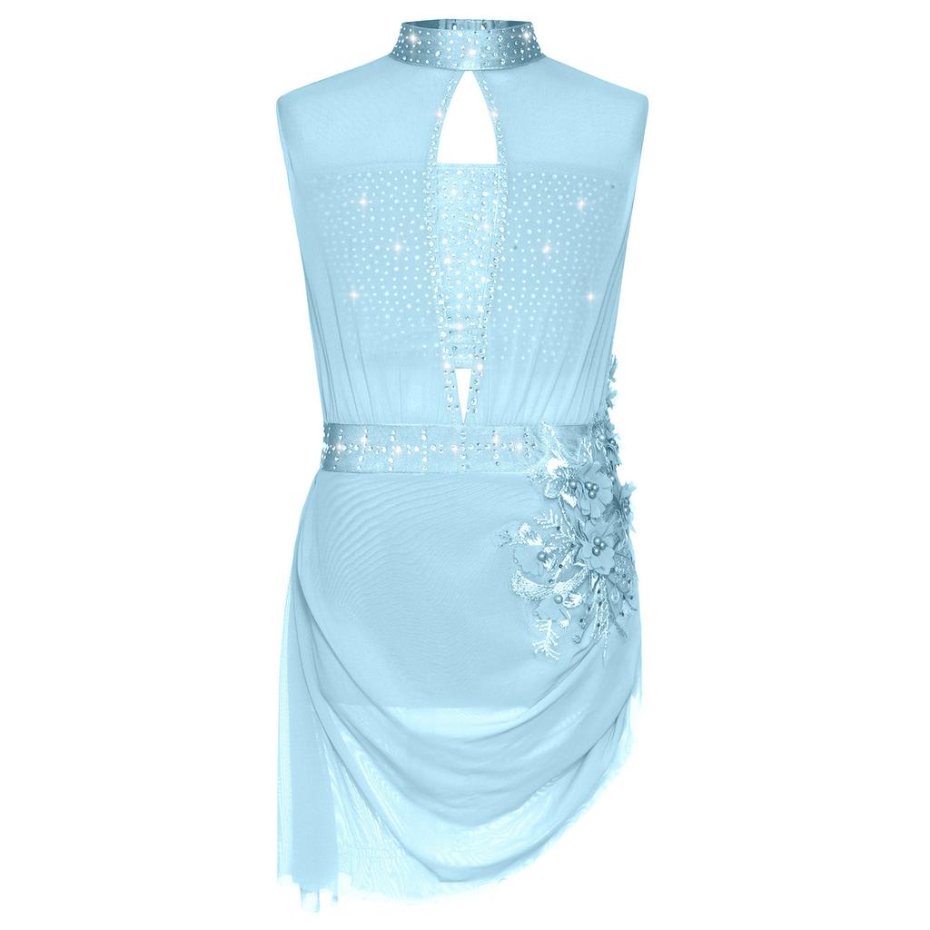 Girls Dance Costume Sleeveless Backless Design Sheer Mesh Overlay Sparkle Rhinestone Asymmetrical Skating Dress