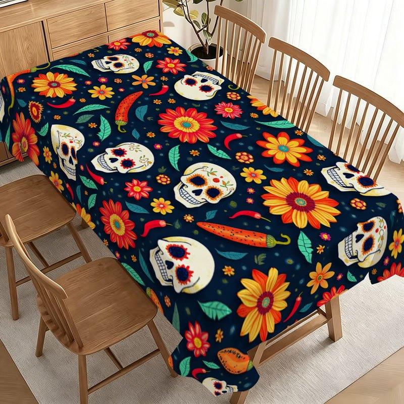Mexican Day of The Dead Sugar Skulls Rectangle Tablecloth for Table Decor Reusable Kitchen Dining Tablecloth Holiday Party Decor