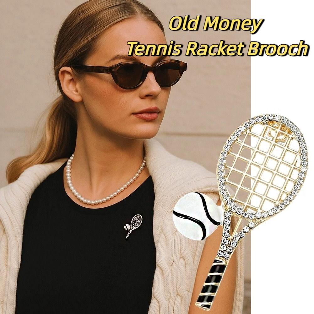 Zinc Zinc Alloy Enamel Metal Clothes Pin Rhinestone Gold Brooch Unique Tennis Racket Brooch  Daily