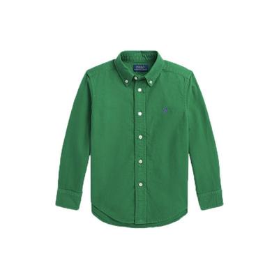 Polo Kids Ss23 Однотонная однобортная повседневная рубашка с длинным рукавом и вышитым логотипом Детские рубашки Зеленая 323850927-005