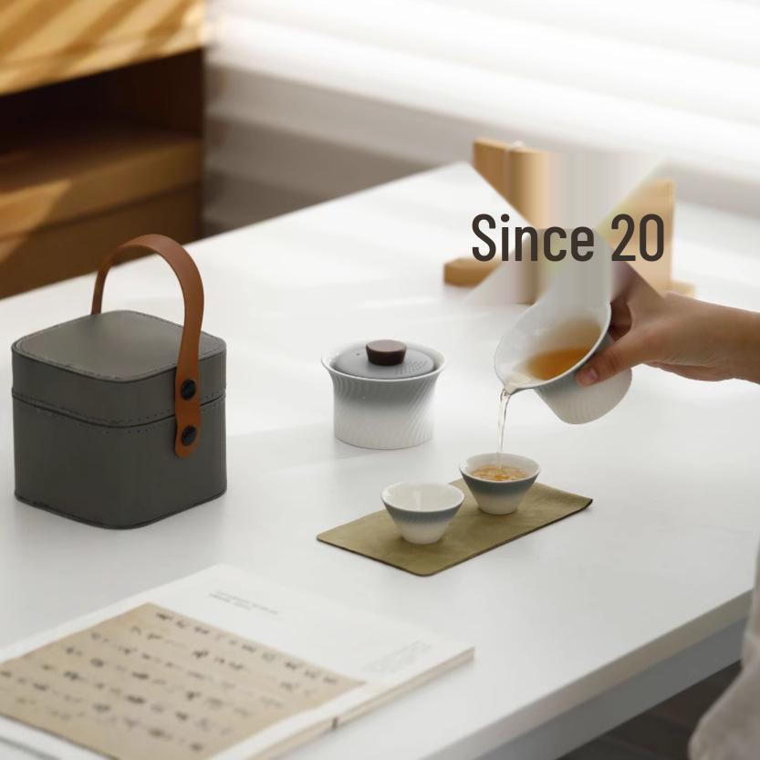 Outdoor Portable Ceramic Tea Set: One Pot, Three Cups, Gradient Grey Glaze for Travel and Business Trips