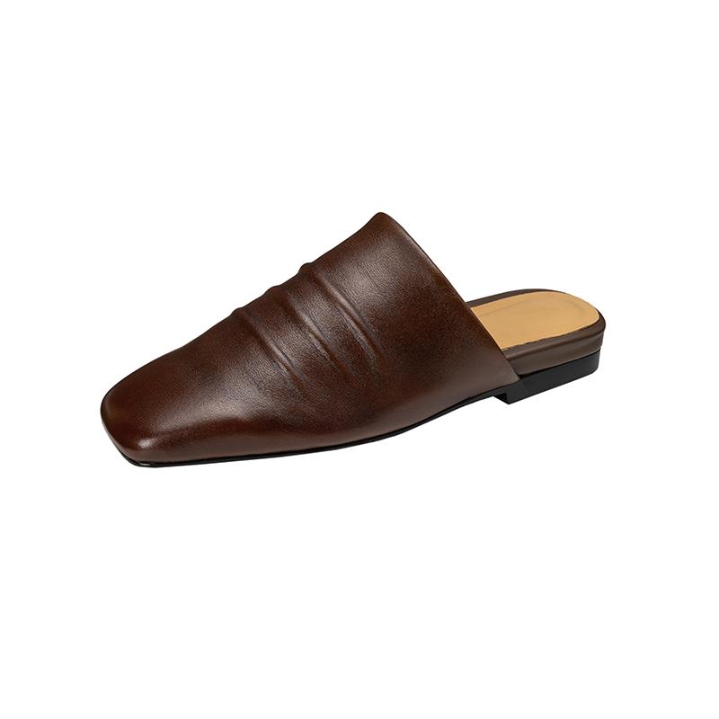 Мода 2025 Новые Сандалии Женские Натуральная Кожа Квадратный Носок Слипоны Балетки Летние Шлепанцы Мягкие Удобные Повседневные Женские Уличные Мюли
