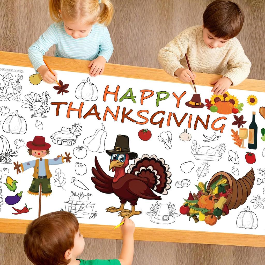 Bonropin Thanksgiving Party Giant Coloring Poster - 31.5X 72 Inches,1 Pack Thanksgiving Fall Coloring Tablecloth for Kids, Paper Holiday Themed