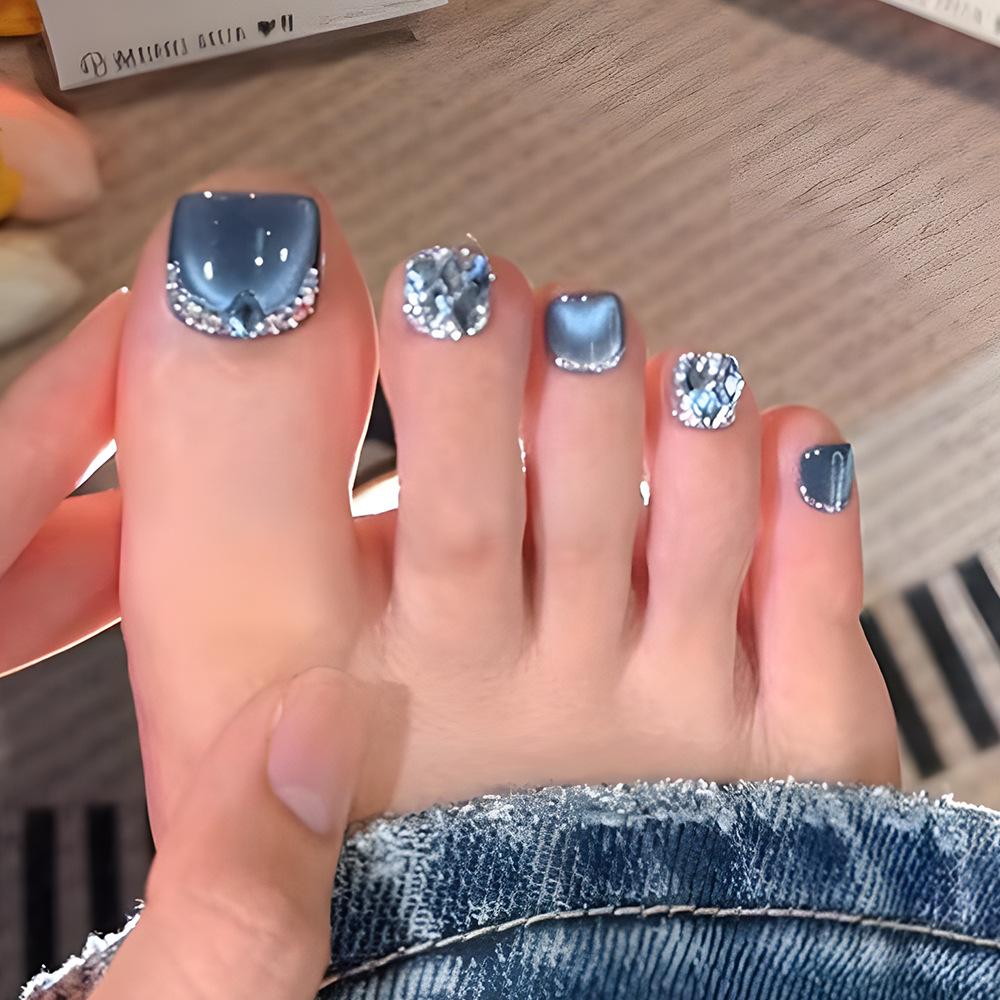 24 Pcs Short Square Fake Toenails Blue Cat Eye Rhinestone Design Full Cover Press On Nail Tips