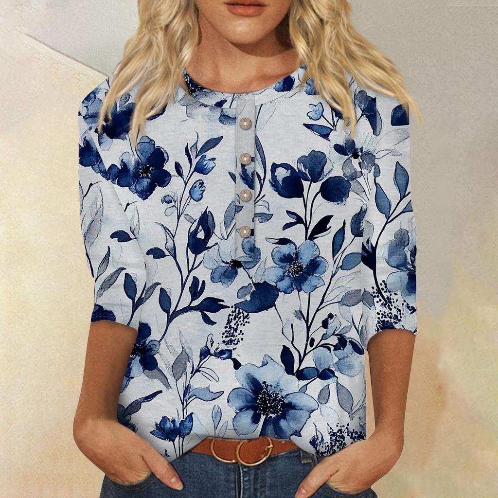 Женская мода повседневная 3/4 рукава цветочный принт пуловер круглый вырез топ повседневная одежда