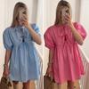 Summer Women Dress Lace-up Bow Decor Hollow Out O Neck Leopard Print Short Puff Sleeves Solid Color A-line Pleated Dating Party Mini Dress