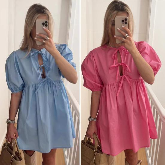 Summer Women Dress Lace-up Bow Decor Hollow Out O Neck Leopard Print Short Puff Sleeves Solid Color A-line Pleated Dating Party Mini Dress