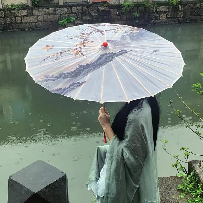 1PC Printed Photograph Props Long-handle Vintage Silk Umbrella for Hanfu Accessories Umbrella Parasol Colorful Oiled Paper