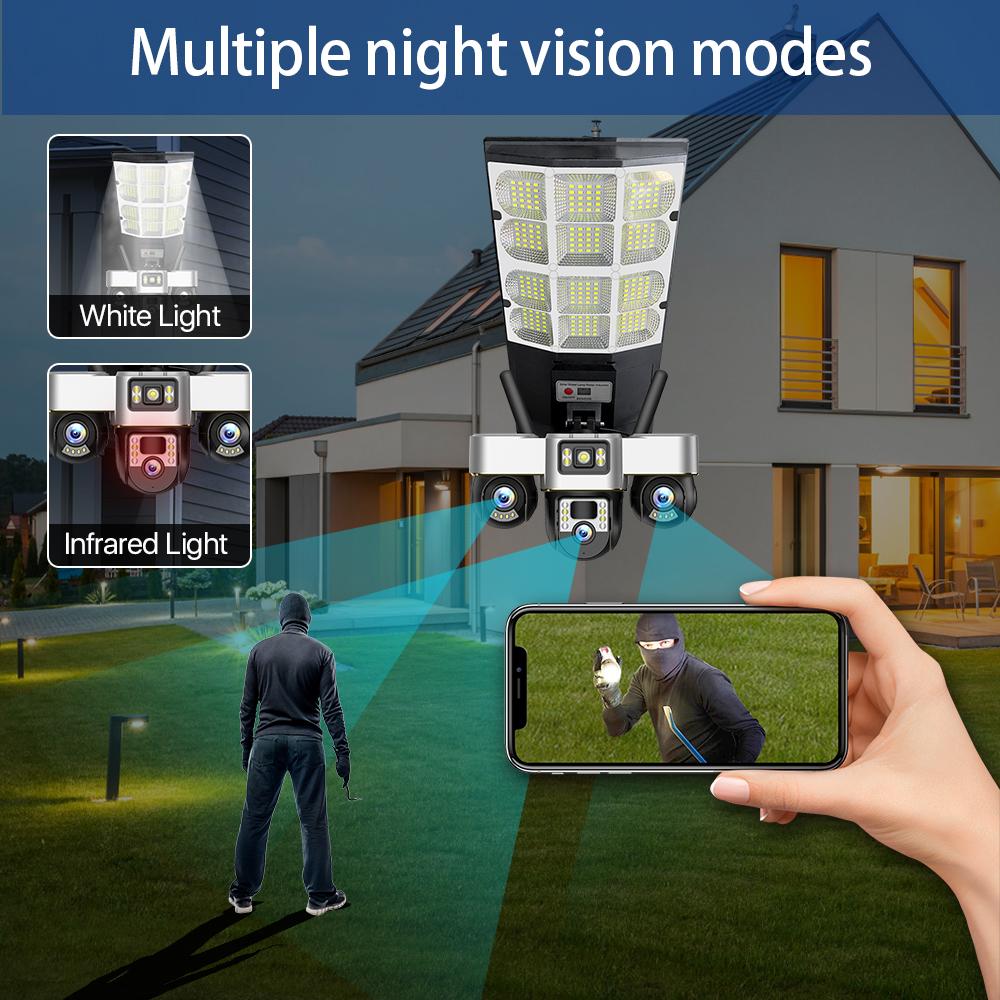 New Solar Street Light & Security Camera – Automatic Power, Smart Lighting, Three-Lens 4G WiFi Camera