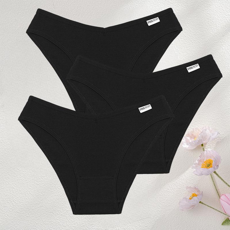 FINETOO 3Pcs/Set Sexy Low Waist Cotton Panties M-3XL Ribbed Breathable Briefs Underwear for Women Gym Fitness Casual Lingerie