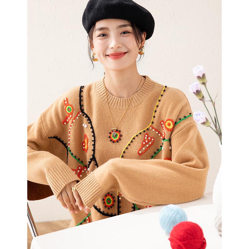 TUHUANG Women's Thickened Pure Wool Embroidered Beaded Round Neck Sweater