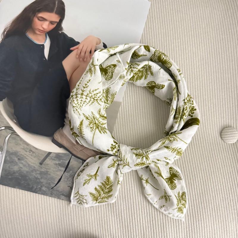 Premium 90Cm Floral Large Square Scarf Cotton And Linen Silk Scarf Women'S Headscarf Thin Scarf Sun Protection Shawl Outer Yarn