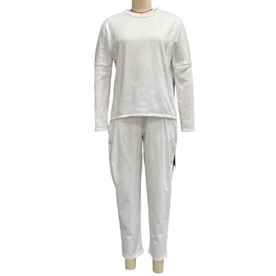 2 шт./комплект женский топ брюки костюм круглый вырез длинный рукав сплошной цвет