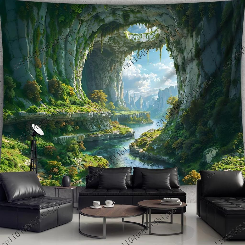 Cave Vista To Lush Valley Wall Tapestry Nature Landscape Home Decoration Headboard Aesthetic Room Decoration Background Cloth