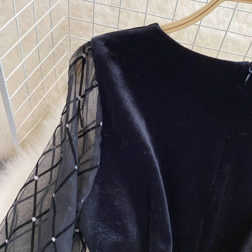 Осенне-зимняя французская ретро-темпераментная бархатная юбка с квадратным воротником и марлевыми рукавами, тонкая бархатная юбка с талией