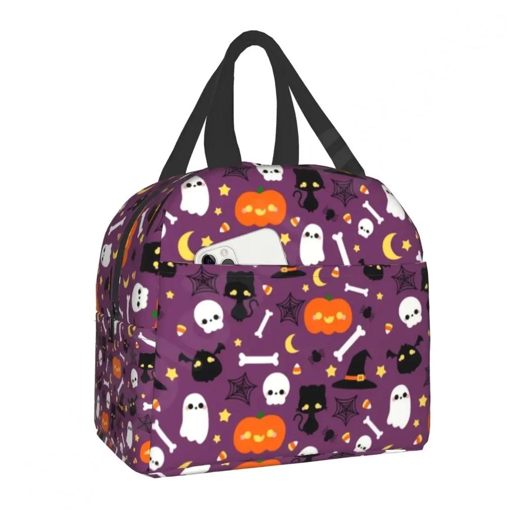 Узорная изолированная сумка для обеда для школы, офиса, Хэллоуина, черепа кошки, герметичный охладитель, термобокс для бенто для женщин и детей
