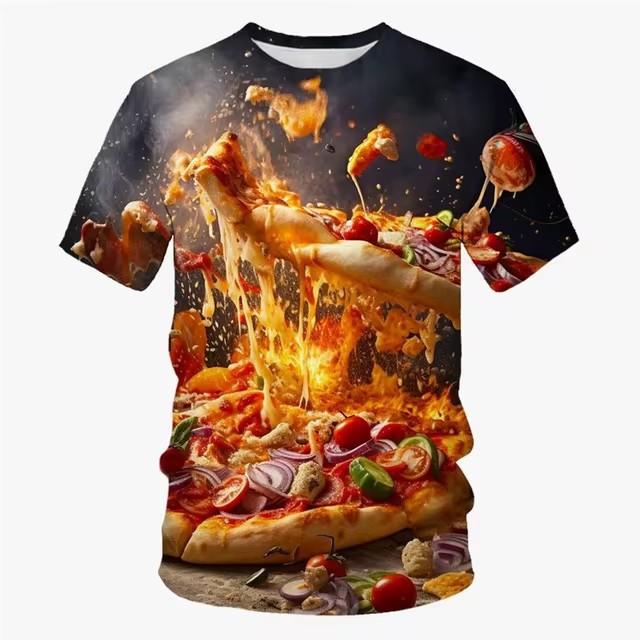 3D Printed Food Pizza T-shirt Men's Casual Summer Short Sleeved T-shirt Street Round Neck Versatile Top