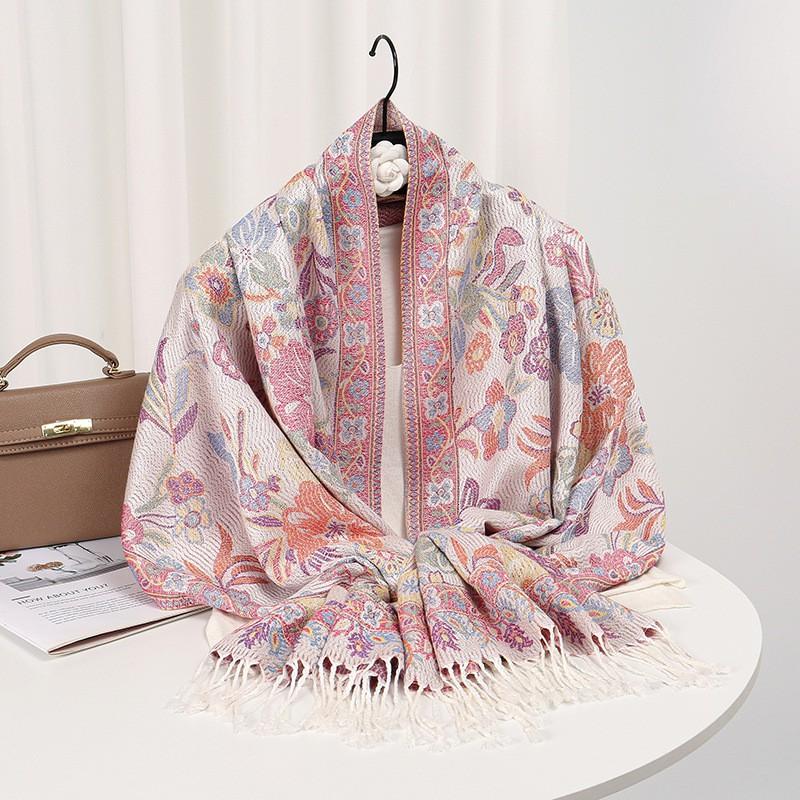 Floral Knitted Shawl With Long Tassels Lightweight Wool-Feel Wrap Women 2025 Elegant Scarf