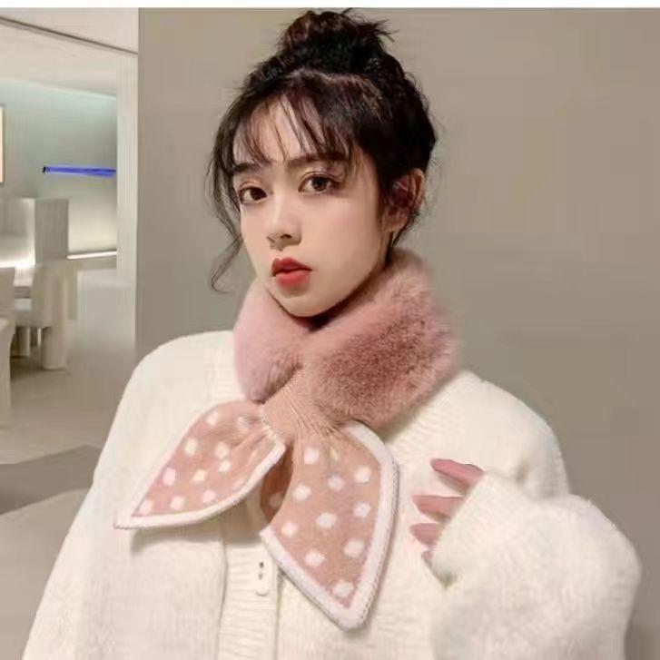 "High Quality" Warm Wool Cross Fashion Wool Stitching Scarf Joker Female Imitation Rex Rabbit Plush Scarf