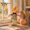 Autumn Garden Statue Standing Fall Scarecrow Decoration, Rustic Halloween Thanksgiving Ornament Seasonal Holiday Party Prop with Clothes Hat