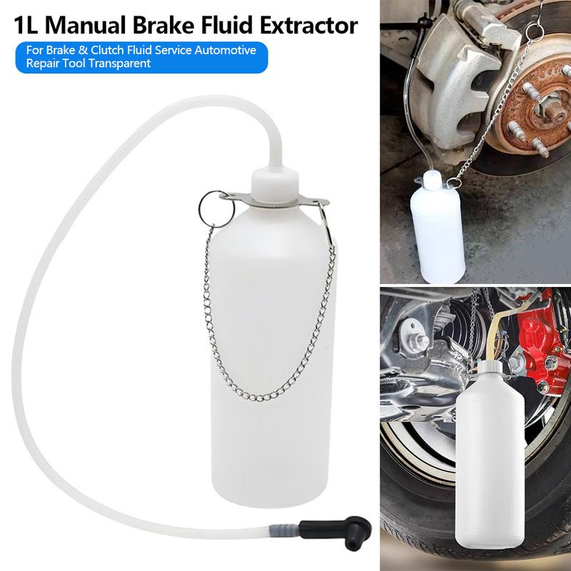 Transparent Brake Fluid Reservoir 1L Brake Bleeder Bottle with 60cm Hose & Universal Rubber Adapter Manual Brake Bleeder Device