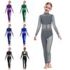 Mock Neck Long Sleeve Girls Leotard Full Body Sheer Mesh with Sparkly Rhinestones for Dance Gymnastics