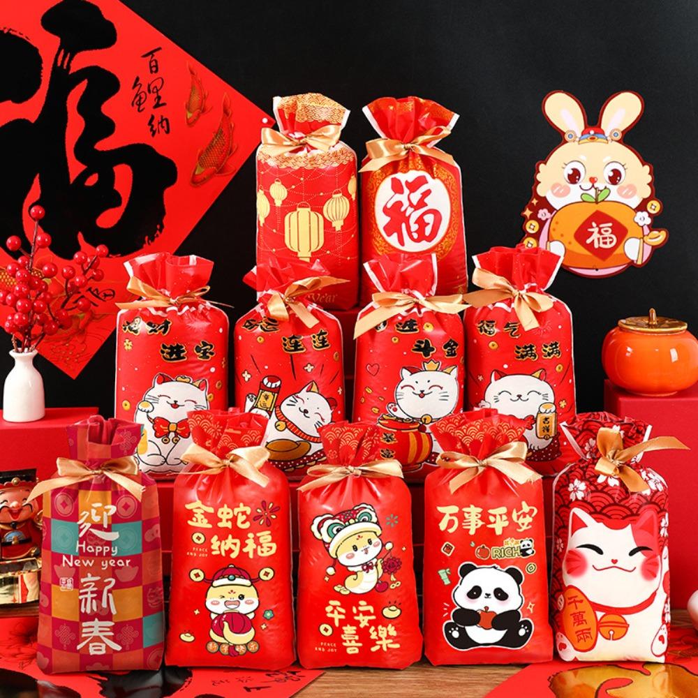 50Pcs Snack Candy Packing Bag Lucky Cat Drawstring Gifts Bag Cookie Biscuit Package  New Year
