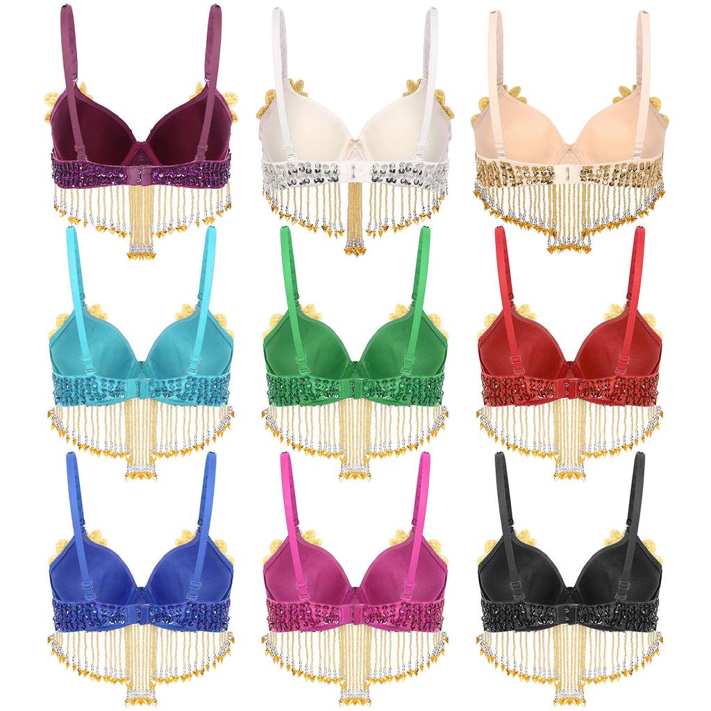 Женский блестящий топ для танца живота с пайетками, регулируемые бретели, пластиковые кисточки с бусинами, бюстгальтер на косточках для сценического выступления на тему Хэллоуина