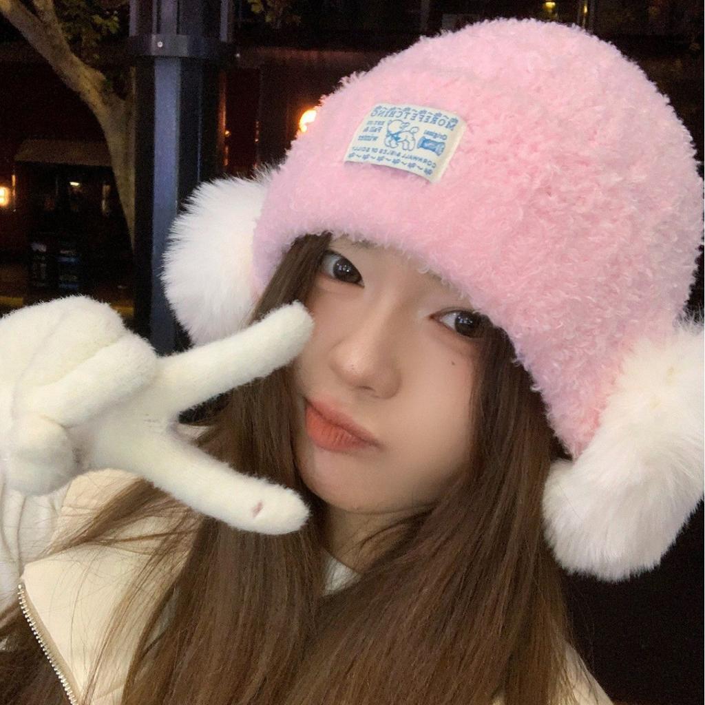 Plush knitted hat for women, thickened and warm in winter, cold-proof ear protection hat in winter, showing a small face, wool hat, cute ear bag hat