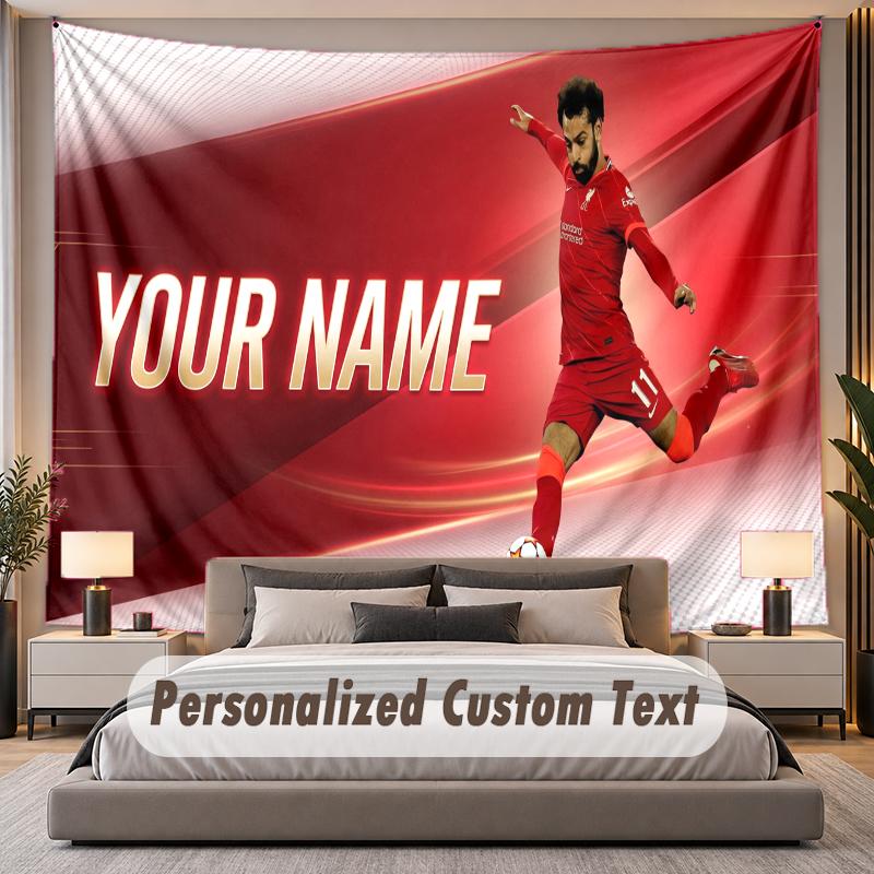 Custom Name Text Tapestry Mohamed Salah Personalized Polyester Wall Tapestry For Bedroom And Room