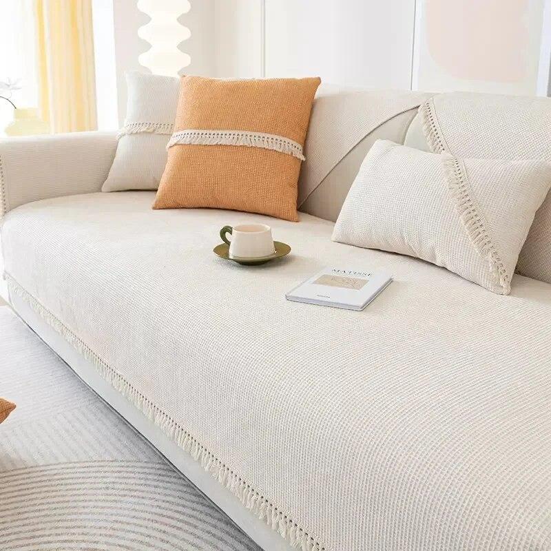 Кремовая подушка для дивана, всесезонный универсальный противоскользящий чехол для дивана с кисточками и краями