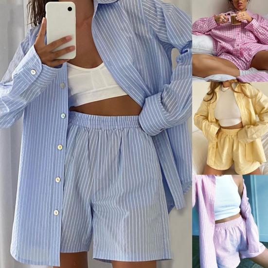 Женский наряд, вертикальные полосы, высокая талия, двухсекционная рубашка с длинными рукавами и лацканами, карманы, шорты для вечеринки