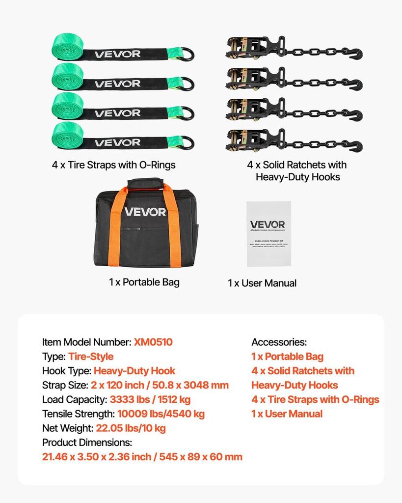 Wheel Chock Tie-Down Kit, Tire-Style Tow Dolly Strap, Car Tie Down Kit with Heavy-Duty Hook, Break Strength 4540 kg & Working Load 1512 kg Motorcycle