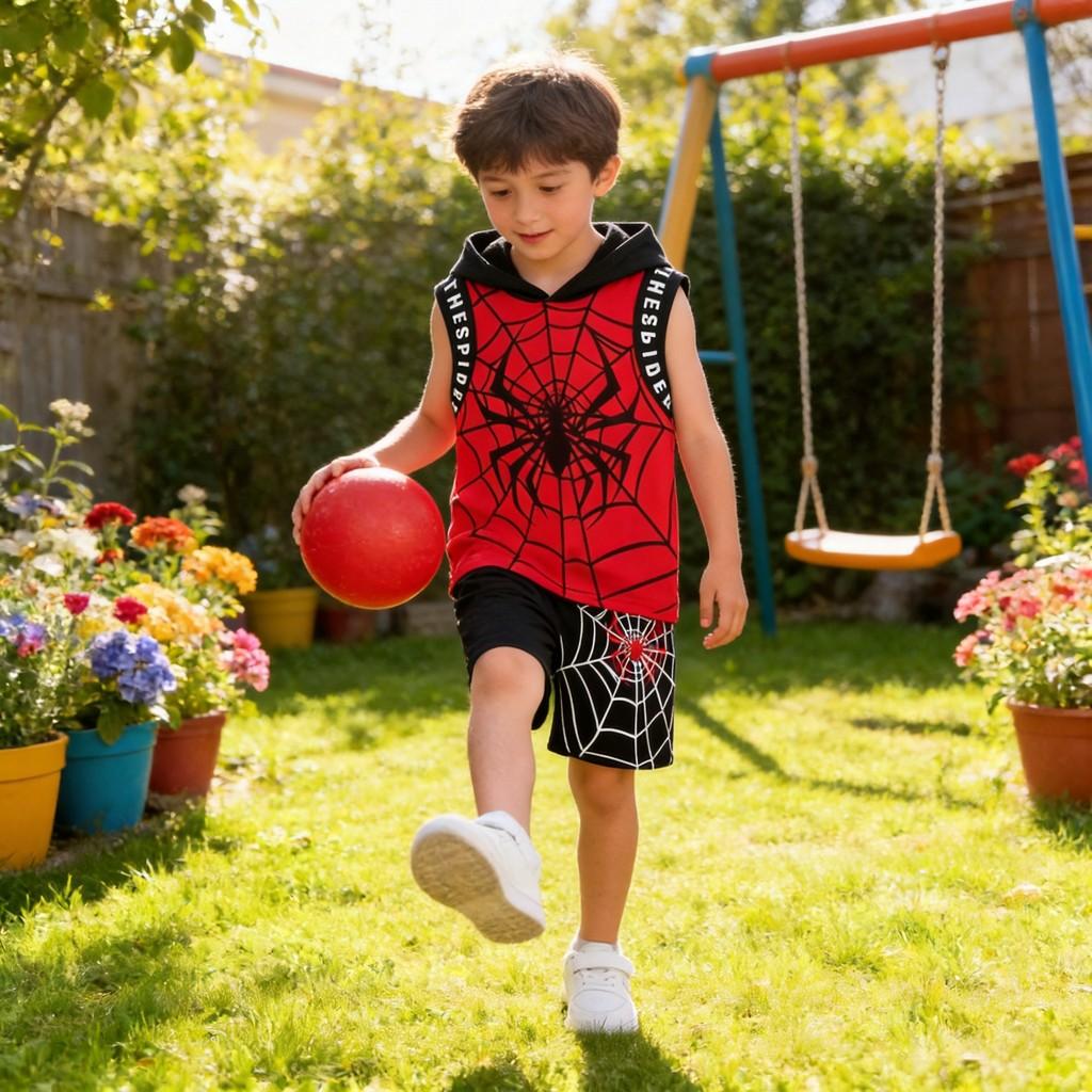 Spiderman Kids Short Sleeve Twopiece Set With Hoodie Cotton Summer Outfit For Children