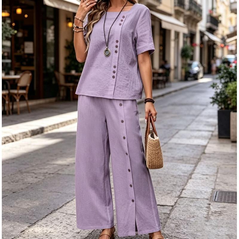 Women's Fashionable Loose Round-neck Button Short-sleeved Shirt and Wide-leg Pants Set