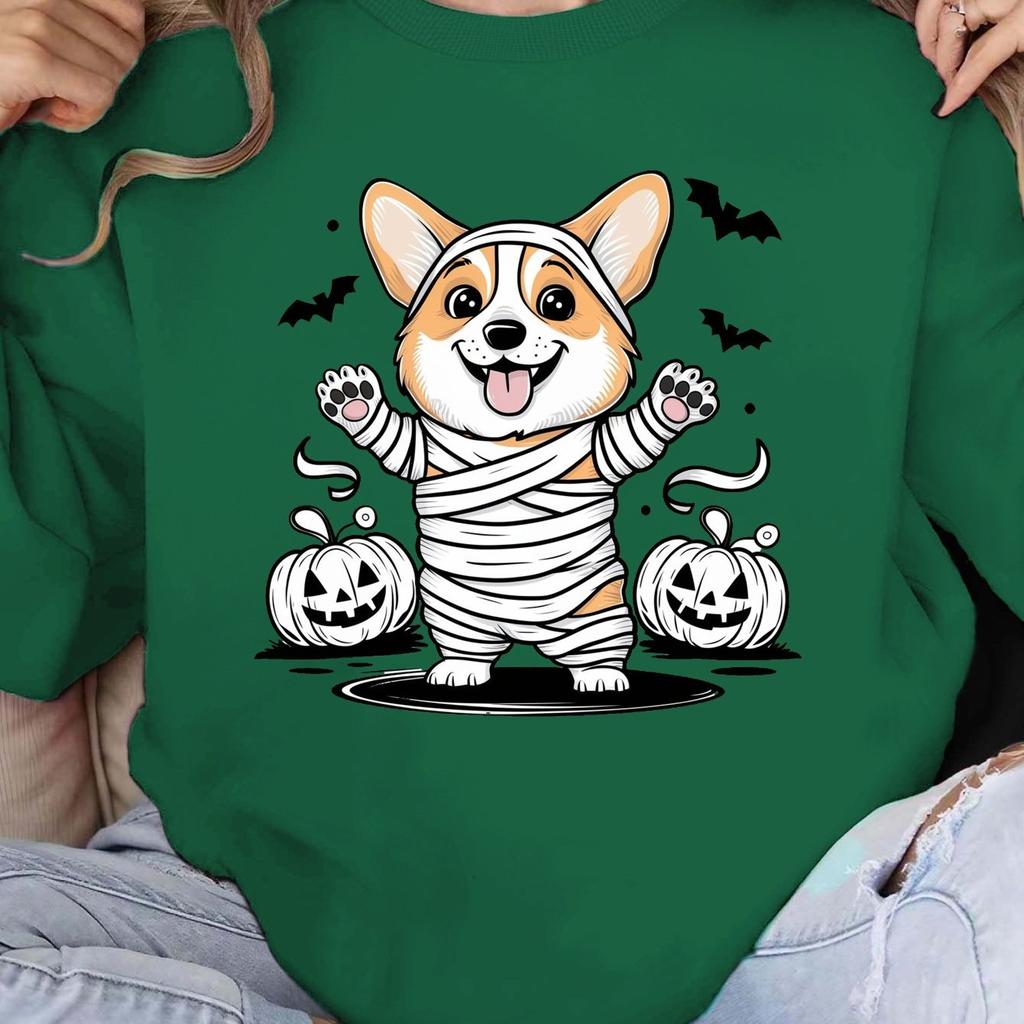 Corgi Mummy Costume Printed Pullover, Casual Long-sleeved Crew Neck Sweatshirt, Suitable for Spring and Autumn, Women's Clothing