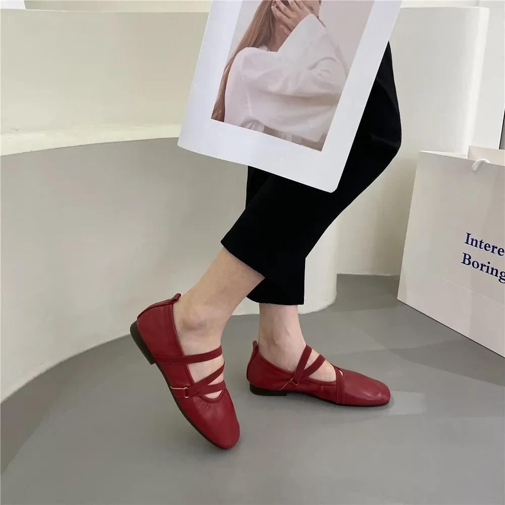 Балетки на плоской подошве Женские удобные кожаные туфли Женские роскошные женские туфли на плоской подошве с квадратным носком Женские туфли Мэри Джейн на плоской подошве с двойной пряжкой