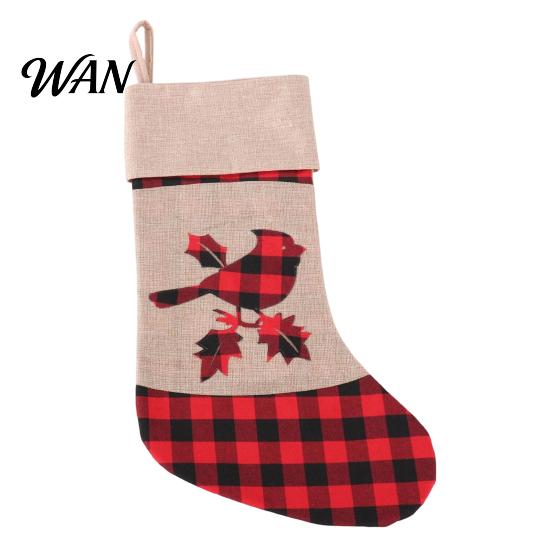 Decorative Xmas Socks Christmas Stocking with Snowman Bird Tree Reindeer, Red Black Plaid Fabric Burlap Decoration, Fireplace Hanging Holiday Gift Bag